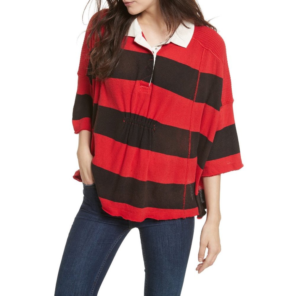 FREE PEOPLE Red Black Yuki Cotton Knit Stripe Polo Rugby Oversize Top M